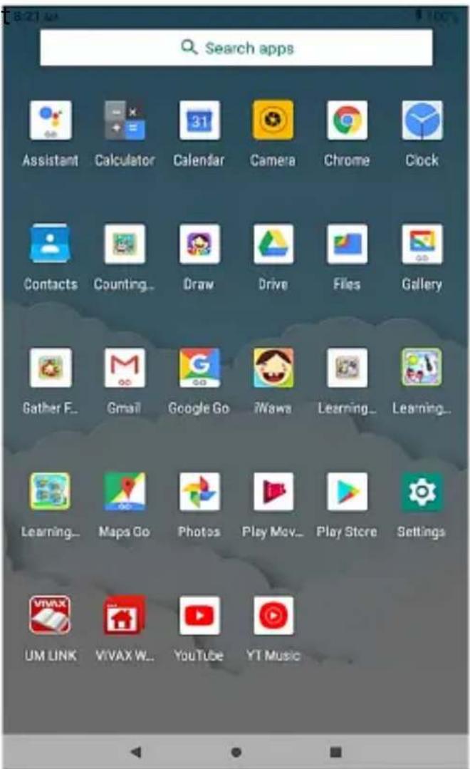 Search apps Assistant Calculator Calendar Camera Chrome Clock Contacts Counting... Draw Drive Files Gallery Gather E... Gmail Google Go iWaws Learning... Learning... Learning... Maps Go Photos Play Mov... Play Store Settings UM LINK VIVAX W... YouTube YT Music