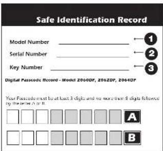 Safe Identification Record Model Number ______1 Serial Number ______2 Key Number ______3 Digital Passcode Record - Model 2000DF, 2062DF, 2064DF Your Passcode must be at back 3 digits and no more than 8 digits followed by the line A or B. A B