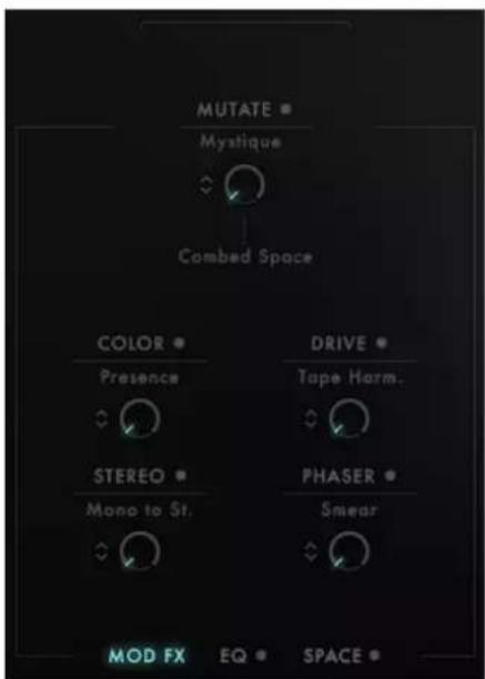 MUTATE Mystique Combed Space COLOR Presence DRIVE Tape Horm. STEREO Mono to St. PHASER Smear MOD FX EQ SPACE