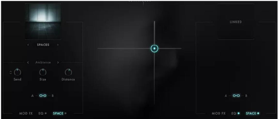 SPACES Ambience Send Size Distance A B MOD FX EQ SPACE LINKED A B MOD FX EQ SPACE