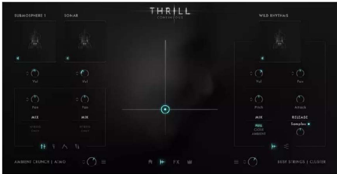 THRILL CONTINUOUS SUBMOSPHERE 1 SONAR VOL Vol Fos Fos MIX MIX HYBRID ONLY HYBRID ONLY WILD RHYTHMS Vol Fos Pitch Attack MIX RELEASE FULL CLOSE AMBIENT Samples AMBIENT CRUNCH | ATMO FX BUSY STRINGS | CLUSTER