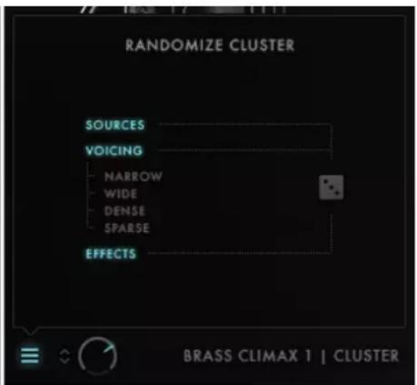 RANDOMIZE CLUSTER SOURCES VOICING NARROW WIDE DENSE SPARSE EFFECTS BRASS CLIMAX 1 | CLUSTER
