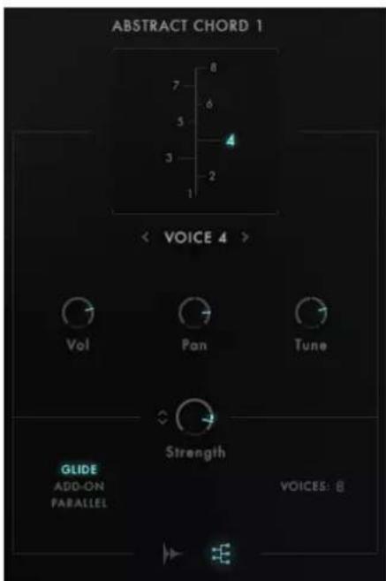 ABSTRACT CHORD 1 8 7 6 5 4 3 2 1 VOICE 4 > Vol Pan Tune GLIDE ADD-ON PARALLEL Strength VOICES: 8
