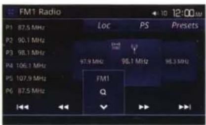 FM1 Radio P1 87.5 MHz P2 90.1 MHz P3 98.1 MHz P4 106.1 MHz P5 107.9 MHz P6 87.5 MHz Loc PS Presets 97.9 MHz 98.1 MHz 98.3 MHz FM1 Q ✓ ►► ►►