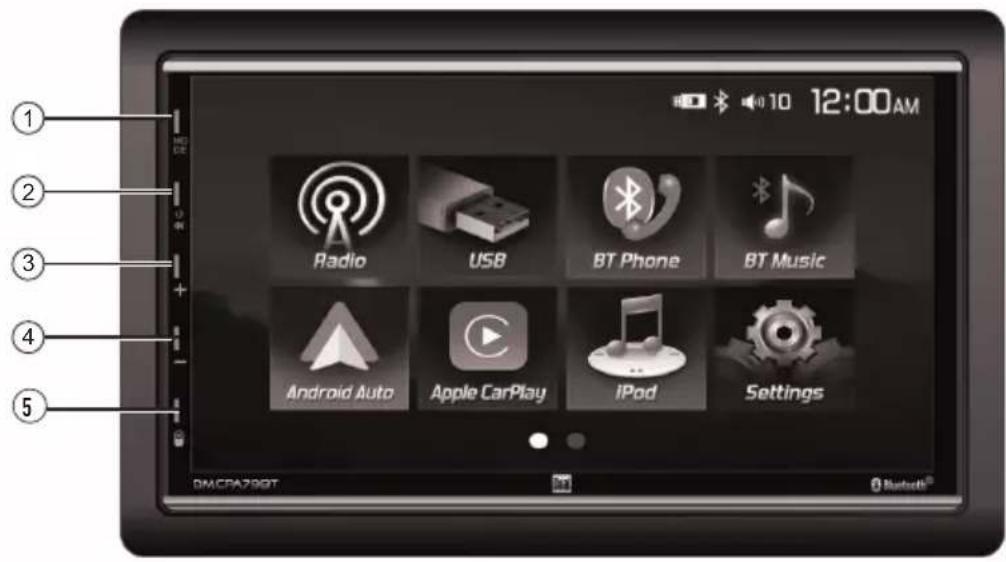1 2 3 4 5 Radio USB BT Phone BT Music Android Auto Apple CarPlay iPod Settings MACD798T Bluetooth®