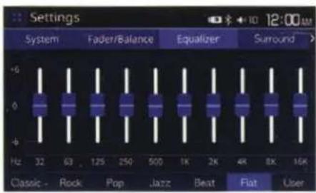 Settings System Fader/Balance Equalizer Surround +0 0 -0 Hz 32 63 125 250 500 1K 2K 4K 8K 16K Classic - Rock Pop Jazz Beat Flat User