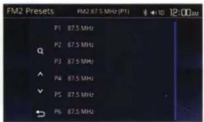 FM2 Presets FM2 87.5 MHz (P1) $ ← 10 12:00AM P1 87.5 MHz P2 87.5 MHz P3 87.5 MHz P4 87.5 MHz P5 87.5 MHz P6 87.5 MHz