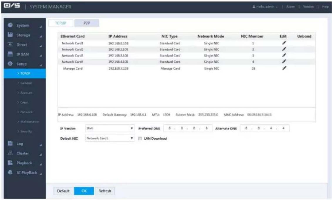 EIS SYSTEM MANAGER Hello admin - | Alamn | Version | Help TCP/IP P2P Ethernet Card IP Address NIC Type Network Mode NIC Member Edit Unbond Network Card1 192.168.8.108 Standard Card Single NIC 1 ✓ Network Card2 192.168.2.108 Standard Card Single NIC 2 ✓ Network Card3 192.168.3.108 Standard Card Single NIC 3 ✓ Network Card4 192.168.4.108 Standard Card Single NIC 4 ✓ Manage Card 192.168.7.108 Manage Card Single NIC 18 ✓ IP Address: 192.168.6.108 Default Gateway: 192.168.6.1 MTU: 1500 Subset Mask: 255.255.255.0 MAC Address: 06/2020/11/2021 IP Version IPv4 Preferred DNS 8 . 8 . 8 . 8 Alternate DNS 8 . 8 . 4 . 4 Default NIC Network Card1 LAN Download Default OK Refresh