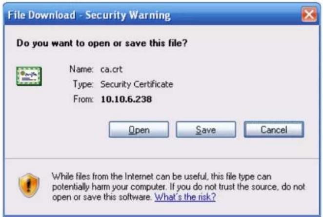 File Download - Security Warning Do you want to open or save this file? Name: ca.crt Type: Security Certificate From: 10.10.6.238 Open Save Cancel While files from the Internet can be useful, this file type can potentially harm your computer. If you do not trust the source, do not open or save this software. What's the risk?