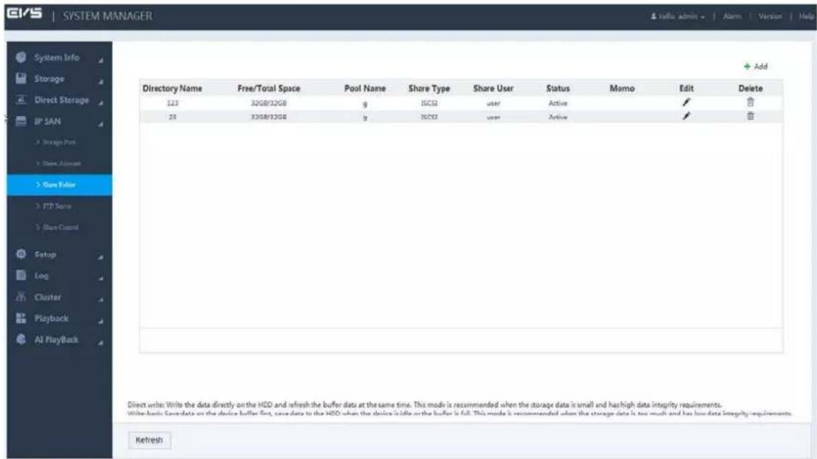 EVS | SYSTEM MANAGER Directory Name Free/Total Space Pool Name Share Type Share User Status Memo Edit Delete 123 32GB/32GB g ISCSI user Active ✓ ✓ 20 32GB/32GB g ISCSI user Active ✓ ✓ Direct write: Write the data directly on the HDD and refresh the buffer data at the same time. This mode is recommended when the storage data is small and has high data integrity requirements. Write-back Save data on the device buffer first, save data to the HDD when the device is idle or the buffer is full. This mode is recommended when the storage data is too much and has low data integrity requirements. Refresh