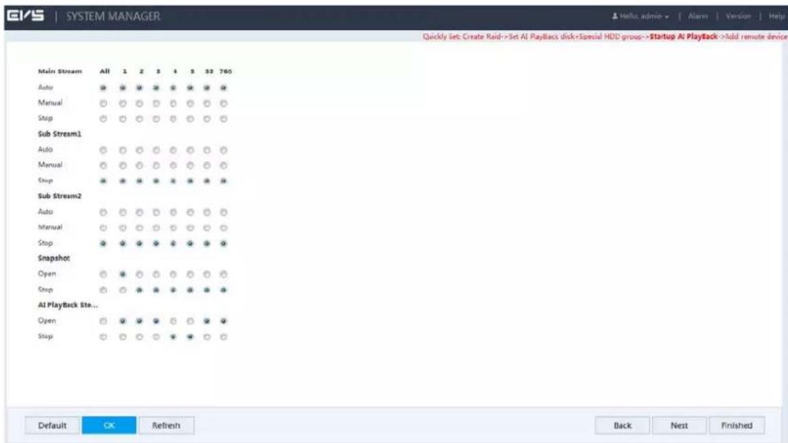 EVS | SYSTEM MANAGER Quickly set: Create Raid->Set AI PayBack disk+Special HDD group->Startup AI Playback->Add remote device Main Stream All 1 2 3 4 5 60 760 Auto 🎨 Ⓧ Ⓧ Ⓧ Ⓧ Ⓧ Ⓧ Ⓧ Manual 🎨 Ⓧ Ⓧ Ⓧ Ⓧ Ⓧ Ⓧ Ⓧ Stop 🎨 Ⓧ Ⓧ Ⓧ Ⓧ Ⓧ Ⓧ Ⓧ Sub Stream1 Auto 🎨 Ⓧ Ⓧ Ⓧ Ⓧ Ⓧ Ⓧ Ⓧ Manual 🎨 Ⓧ Ⓧ Ⓧ Ⓧ Ⓧ Ⓧ Ⓧ Stop 🎨 Ⓧ Ⓧ Ⓧ Ⓧ Ⓧ Ⓧ Ⓧ Sub Stream2 Auto 🎨 Ⓧ Ⓧ Ⓧ Ⓧ Ⓧ Ⓧ Ⓧ Manual 🎨 Ⓧ Ⓧ Ⓧ Ⓧ Ⓧ Ⓧ Ⓧ Stop 🎨 Ⓧ Ⓧ Ⓧ Ⓧ Ⓧ Ⓧ ⭊ Snapshot Open 🎨 Ⓧ Ⓧ Ⓧ Ⓧ ⭊ ⭊ Stop 🎨 Ⓧ ⭊ ⭊ ⭊ ⭊ ⭊ AI Playback Sto... Open 🎨 ⭊ ⭊ ⭊ ⭊ ⭊ ⭊ Stop 🎨 ⭊ ⭊ ⭊ ⭊ ⭊