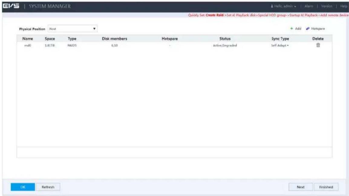 EIVS | SYSTEM MANAGER Quickly Set Create Raid >Set AI Playback disk+Special HDD group->Startup AI Playback->Add remote device Physical Position Host Name Space Type Disk members Hotspare Status Sync Type Delete md0 1.81TB RAIDS 6,10 Active,Degraded Self Adopt - OK Refresh Next Finished
