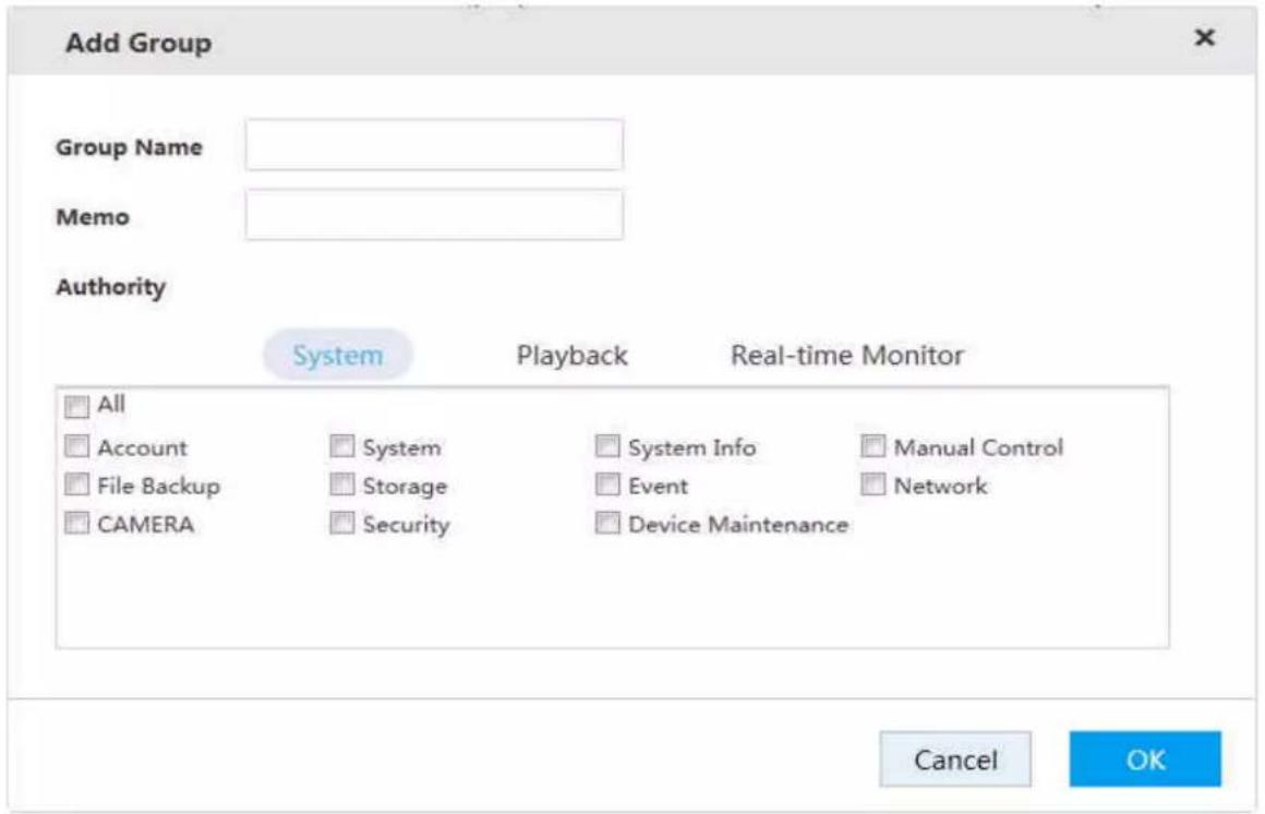 Add Group Group Name Memo Authority System Playback Real-time Monitor All Account System System Info Manual Control File Backup Storage Event Network CAMERA Security Device Maintenance Cancel OK