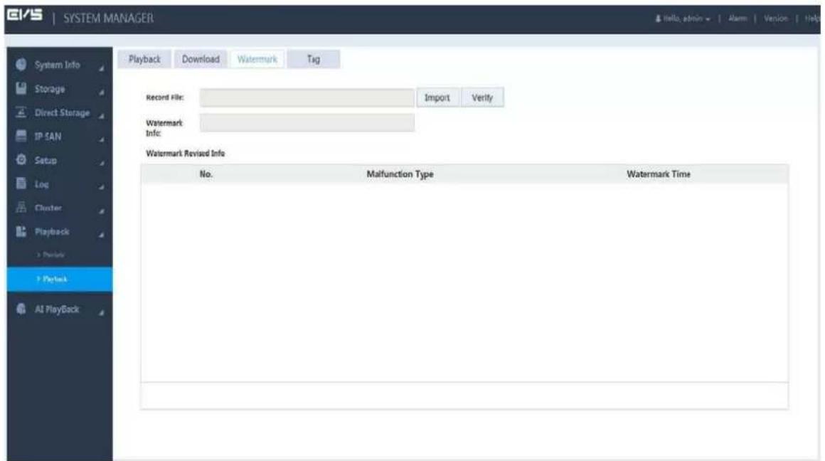 SYSTEM MANAGER Playback Download Watermark Tag Record File: Import Verify Watermark Info: Watermark Revised Info No. Malfunction Type Watermark Time Playback At PlayBack