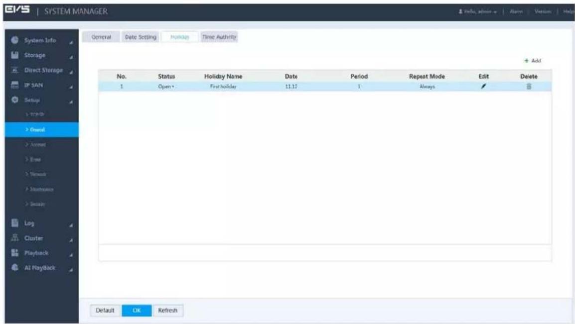 EVS | SYSTEM MANAGER General Date Setting Holiday Time Authority No. Status Holiday Name Date Period Repeat Mode Edit Delete 1 Open 7 First holiday 11.13 1 Always ✓ B Default OK Refresh