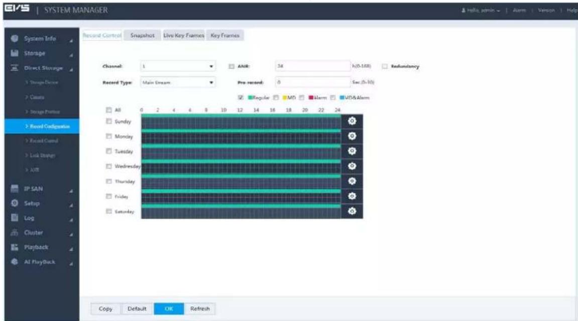 EVS | SYSTEM MANAGER Record Control Snapshot Live Key Frames Key Frames System Info Storage Direct Storage Storage Device Contains Storage Provider Record Causages Record Card Lock Storage AIR IP SAN Setup Log Cluster Playback All PlayBack Channel: 1 ANR: 34 h(0-168) Redundancy Record Type: Main Dream Pre record: 0 Sec (0-16) Regular MD Alarm WD&Alarm All 0 2 4 6 8 10 12 14 16 18 20 22 24 Sunday Monday Tuesday Wednesday Thursday Friday Saturday Copy Default OK Refresh