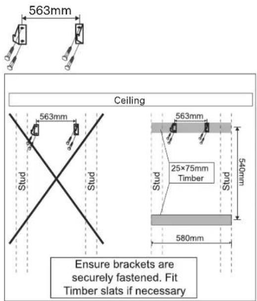 563mm Ceiling 563mm 25×75mm Timber 540mm 580mm Stud Stud Stud Ensure brackets are securely fastened. Fit Timber slats if necessary