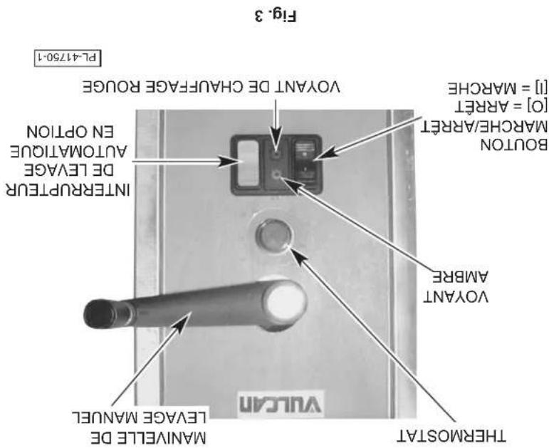 PL-41750-1 Fig.3 VOYANT DE CHAUFACE ROUGE VOYANT DE LEAVE AUTOMATIQUE EN OPTION INTERPRETUR [O] = ARRET MARCHE/ARRET [1] = MARCHE BOYOTON VOYANT AMBRE THERMOSTAT MANIVELLE DE LEAVE MANUEL Vulkan