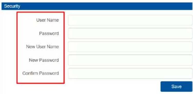 Security User Name Password New User Name New Password Confirm Password Save