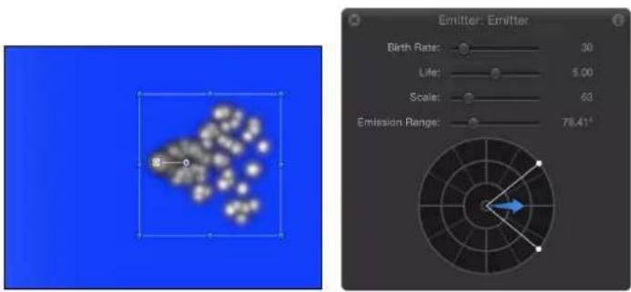 Emitter: Emitter Birth Rate: 30 Life: 5.00 Scale: 63 Emission Range: 78.41°