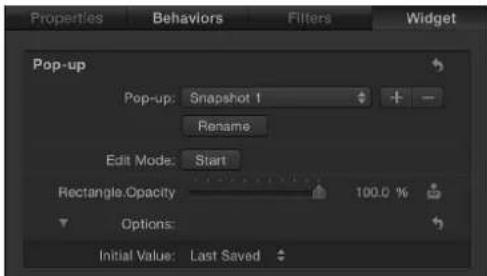 Properties Behaviors Filters Widget Pop-up Pop-up: Snapshot 1 Rename Edit Mode: Start RectangleOpacity 100.0 % Options: Initial Value: Last Saved