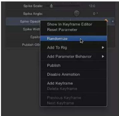 Spike Scale: 12.0 Spike Angle: 0 ° Spike Opacity Spike Width Epsilon Publish OS Show In Keyframe Editor Reset Parameter Randomize Add To Rig Add Parameter Behavior Publish Disable Animation Add Keyframe Delete Keyframe Previous Keyframe Next Keyframe