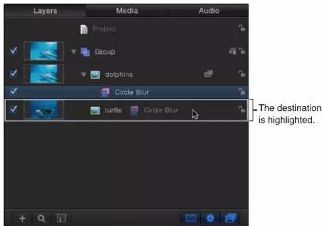 Layers Media Audio Project Group dolphins Circle Blur turtle Circle Blur The destination is highlighted.