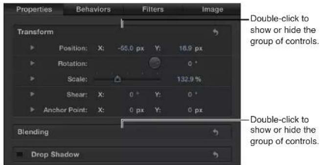Properties Behaviors Filters Image Transform ► Position: X: -55.0 px Y: 16.9 px ► Rotation: 0 ° ► Scale: 132.9 % ► Shear: X: 0 ° Y: 0 ° ► Anchor Point: X: 0 px Y: 0 px Blending ■ Drop Shadow Double-click to show or hide the group of controls. Double-click to show or hide the group of controls.