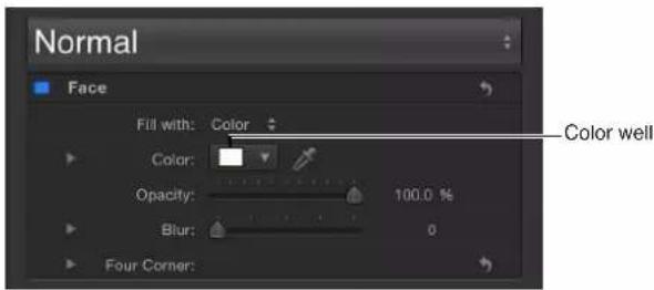 Normal Face Fill with: Color Color: Opacity: 100.0 % Blur: 0 Four Corner: Color well