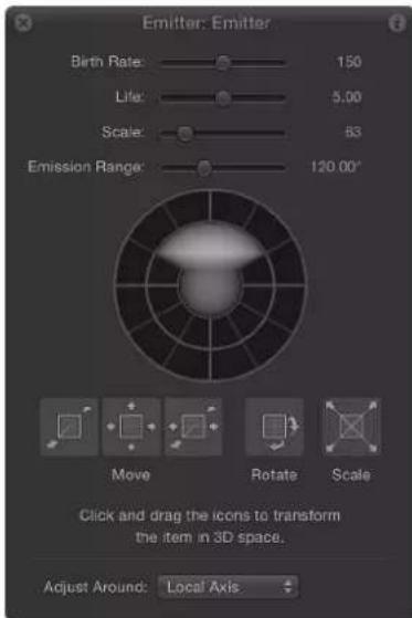 Emitter: Emitter Birth Rate: 150 Life: 5.00 Scale: 63 Emission Range: 120.00° Move Rotate Scale Click and drag the icons to transform the item in 3D space. Adjust Around: Local Axis.