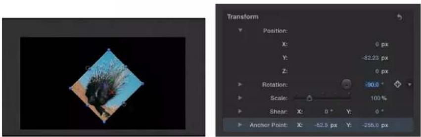 Transform Position: X: 0 px Y: -82.23 px Z: 0 px Rotation: -90.0 ° Scale: 100 % Shear: X: 0° Y: 0° Anchor Point: X: -62.5 px Y: -255.0 px