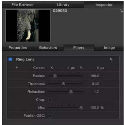 File Browser Library Inspector 029053 Properties Behaviors Filters/Image Ring Lens Center: X: 0 px Y: 0 px Radius: 160.0 Thickness: 0.43 Refraction: 1.7 Crop: Mix: 100.0 % Publish OSC: