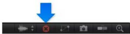 User interface toolbar with icons and a blue downward arrow pointing to a red X symbol