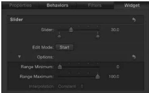 Properties Behaviors Filters Widget Slider Slider: 30.0 Edit Mode: Start Options: Range Minimum: 0 Range Maximum: 100.0 Interpolation Constant