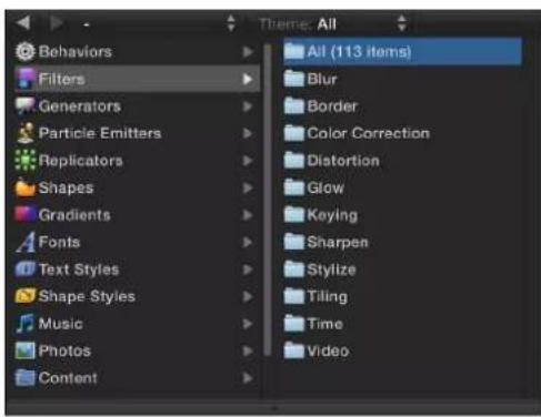 Behaviors Filters Generators Particle Emitters Replicators Shapes Gradients Fonts Text Styles Shape Styles Music Photos Content All (113 Items) Blur Border Color Correction Distortion Glow Keying Sharpen Stylize Tiling Time Video