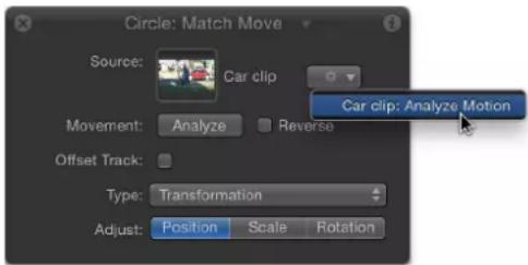 Circle: Match Move Source: Car clip Movement: Analyze Reverse Offset Track: Type: Transformation Adjust: Position Scale Rotation Car clip: Analyze Motion