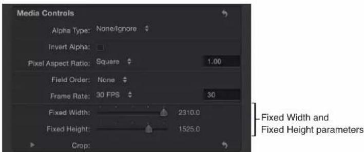 Media Controls Alpha Type: None/Ignore Invert Alpha: Pixel Aspect Ratio: Square 1.00 Field Order: None Frame Rate: 30 FPS 30 Fixed Width: 2310.0 Fixed Height: 1525.0 Crop: Fixed Width and Fixed Height parameters