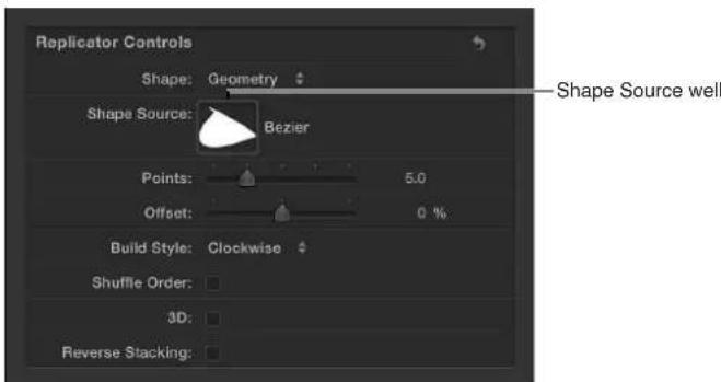 Replicator Controls Shape: Geometry Shape Source: Bezier Points: 5.0 Offset: 0 % Build Style: Clockwise Shuffle Order: 3D: Reverse Stacking: