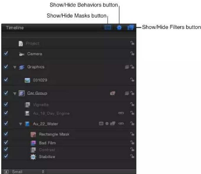Show/Hide Behaviors button Show/Hide Masks button Show/Hide Filters button Timeline Project Camera Graphics 031029 Car_Group Vignette Au_18_Day_Engine Au_22_Water Rectangle Mask Bad Film Contrast Stabilize Small