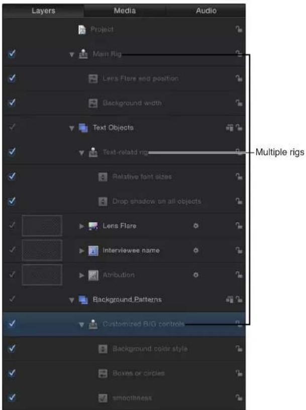 Layers Media Audio Project Main Rig Lens Flare and position Background width Text Objects Text-related rig Multiple rigs Relative font sizes Drop shadow on all objects Lens Flare Interviewee name Attribution Background Patterns Customized R/G controls Background color style Boxes or circles smoothness