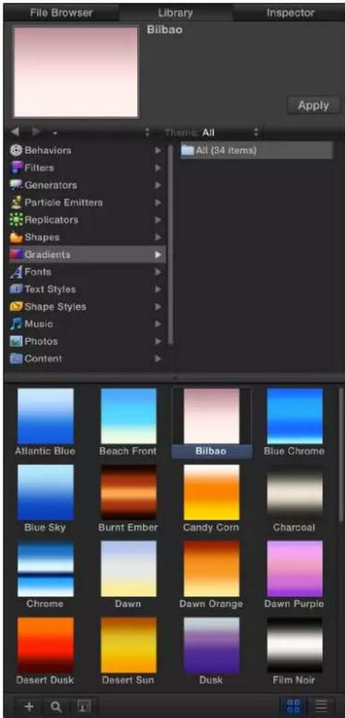 File Browser Library Inspector Bilbao Apply Theme: All All (34 items) Behaviors Filters Generators Particle Emitters Replicators Shapes Gradients Fonts Text Styles Shape Styles Music Photos Content Atlantic Blue Beach Front Bilbao Blue Chrome Blue Sky Burnt Ember Candy Corn Charcoal Chrome Dawn Dawn Orange Dawn Purple Desert Dusk Desert Sun Dusk Film Noir
