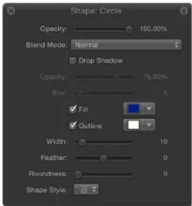 Shape: Circle Opacity: 100.00% Blend Mode: Normal Drop Shadow Opacity: 75.00% Blur: 5 Fill Outline Width: 10 Feather: 0 Roundness: 0 Shape Style: