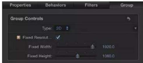 Properties Behaviors Filters Group Group Controls Type: 2D Fixed Resolut... Fixed Width: 1920.0 Fixed Height: 1080.0