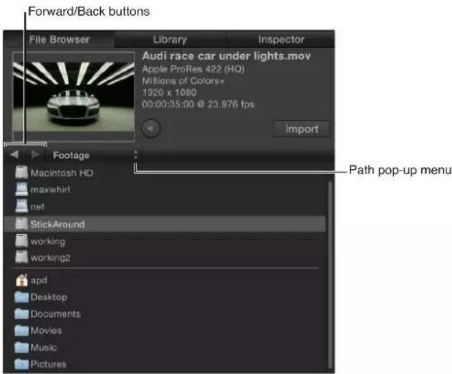 Forward/Back buttons File Browser Library Inspector Audi race car under lights.mov Apple ProRes 422 (HQ) Millions of Colors+ 1920 x 1080 00:00:35:00 @ 23.976 fps Import Footage Macintosh HD maxwhirl net StickAround working working2 apd Desktop Documents Movies Music Pictures Path pop-up menu