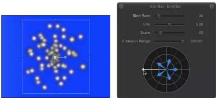 Emitter: Emitter Birth Rate: 30 Life: 5.00 Scale: 60 Emission Range: 360.00°