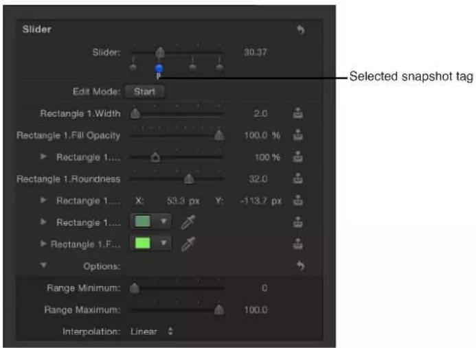 Slider Slider: 30.37 Edit Mode: Start Rectangle 1.Width 2.0 Rectangle 1.Fill Opacity 100.0 % Rectangle 1.... 100 % Rectangle 1.Roundness 32.0 Rectangle 1.... X: 53.3 px Y: -113.7 px Rectangle 1.... Rectangle 1.F... Options: Range Minimum: 0 Range Maximum: 100.0 Interpolation: Linear Selected snapshot tag