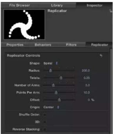 File Browser Library Inspector Replicator Properties Behaviors Filters Replicator Controls Shape: Spiral Radius: 200.0 Twists: 0.25 Number of Arms: 3.0 Points Per Arm: 10.0 Offset: 0 % Origin: Center Shuffle Order: 3D: Reverse Stacking: