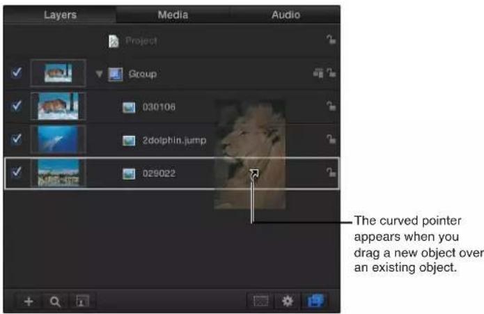 Layers Media Audio Project Group 030106 2dolphin.jump 029022 The curved pointer appears when you drag a new object over an existing object.
