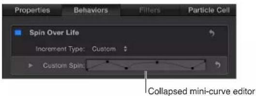 Properties Behaviors Filters Particle Cell Spin Over Life Increment Type: Custom Custom Spin: Collapsed mini-curve editor