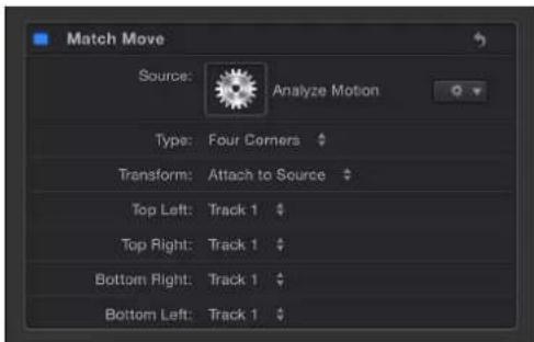 Match Move Source: Analyze Motion Type: Four Corners Transform: Attach to Source Top Left: Track 1 Top Right: Track 1 Bottom Right: Track 1 Bottom Left: Track 1